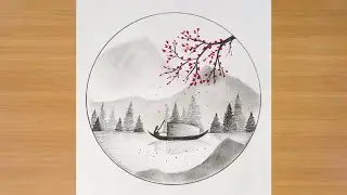 Draw a boat in the River with Pretty Blossom Tree ||   Pencil Shading 