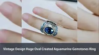 Vintage Design Huge Oval Created Aquamarine Gemstones Ring