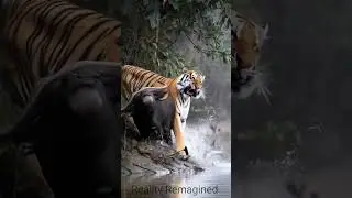 Tiger attack Buffalo 🦬 near Lake #tiger #buffalo #wildlife #wildrift #nature #naturelovers #shorts