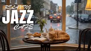 Cozy British Caf&eacute; ☕  Relaxing Jazz Piano, Rainy Window & Sleeping Cat Ambience