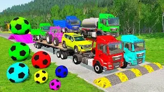 Flatbed Trailer McQueen Transportation with Truck - Speedbumps vs Cars vs Train - BeamNG.Drive #13