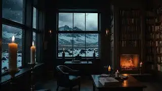 Cozy Winter Library Ambience | Relaxing Fireplace, Soft Music & Snowfall