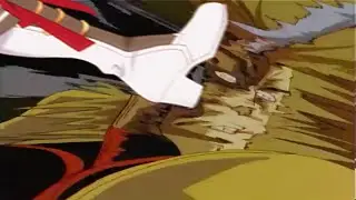Gold Ship drop kicks a neon vampire