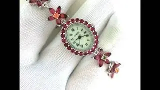 Flower Design Sterling Silver Ladies' Watch With Rhodolite Garnet & Sapphire