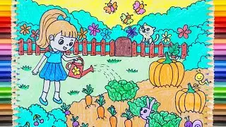 [Drawing] Family Vegetable Garden ! Children Watering Vegetables