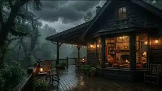 Fall Asleep Instantly: Heavy Thunderstorm & Warm Fireplace in a Mountain Cabin #001