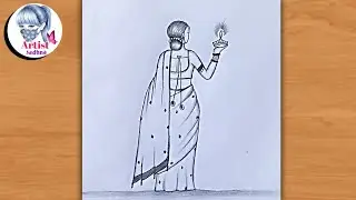 A girl wearing saree and holding diya // Easy drawing // Diwali drawing // Girl drawing