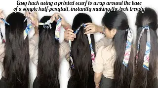 Easy hack using a printed scarf to wrap around a simple half-ponytail making the look trendy🔥