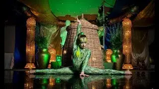 Snake contortionist act in illuminated basket
