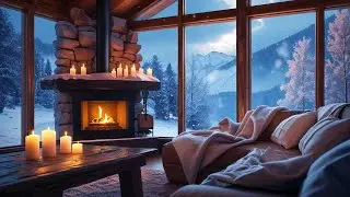 3 Hours of Cozy Winter Piano — Fireplace by the Window with Snowfall Outside