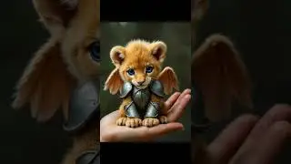 Very small cute beautiful blue-eyed lion cub in armor with wings sits in palm of hand #ai #lion #art