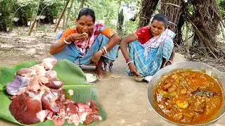 MUTTON LIVER CURRY cooking and eating with hot rice by our santali grand mothers😳mutton parts recipe