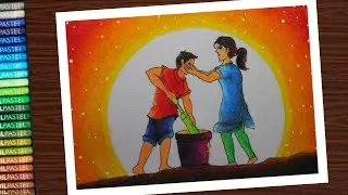 Holi scenery drawing very easy for beginners / Holi drawing step by step / Holi special drawing
