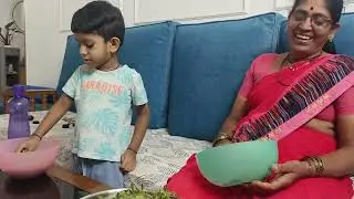 Gunmay helping his grandmother to peel bean,kids activity,how to keep kids engage,teach good habits