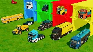 TRANSPORTING MERCEDES MINI BUS, VOLKSWAGEN POLICE, FORD POLICE, MERCEDES FIRE TRUCK TO GARAGE | FS22