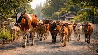 Amazing Herd of Cows Walking and Running Together on a Rural Road