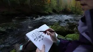 Charcoal forest drawing by the river ✶ Forest Therapy (unintentional ASMR)