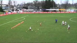 Minipupillen   Dribbelschietspel pionnen met 2, 3 aanvallers 1 verdediger