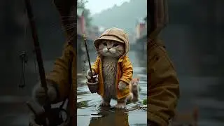 A chubby cat carrying a fishing rod, kitten behind dragging a small basket of fish