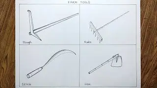 How to draw Agricultural tools step by step/ Plough, rake, sickle and hoe drawing/Farm tools drawing