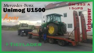 Tiefladertransport: Unimog 1500 Agrar zieht John Deere 5820 den Berg rauf | Turbodiesel Sound