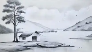 landscape pencil drawing and shading/riverside village scene drawing with pencil/pencil scenery art
