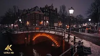 Snowy Night Walk in Amsterdam &bull; Slow TV 4K