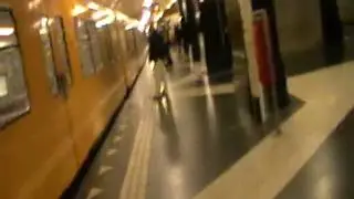 Arriving and boarding a BVG class F87 at Rathaus Spandau