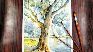 Giant eucalyptus tree landscape painting watercolor / demo watercolor painting