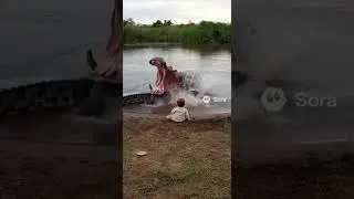 CCTV: Baby Near Pond &mdash; Hippo Emerges to Block Crocodile!&rdquo; #sora2 #cctvcamera #aivideo#securitycamera