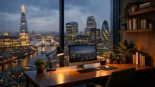 Cozy London Study Room | Rainy Night Skyline View | 1 Hour