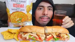 CHICKEN SUB SANDWICH WITH CRUNCHY KORMA CURRY FLAVORED CRUNCHY POTATO CHIPS MUKBANG EATING SHOW