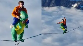 Professional High Slackliner Walking on Slackline Wearing Dinosaur  Costume || WooGlobe