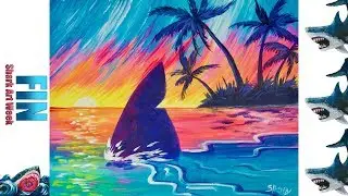Tropical Paradise Sunset With shark Fin Acrylic painting Beginners Tutorial #sharkweek