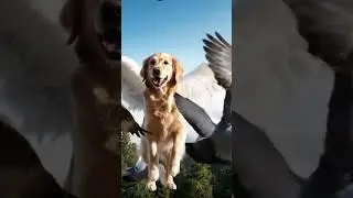 My golden dog in his dream! #dogflies #dogwings #dogwithpigeons #doginthesky #goldenretrieverfriends