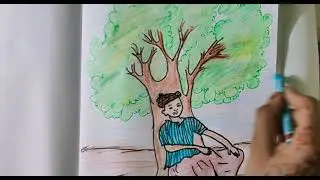 How to draw a man sitting under the tree/Drawing with painting
