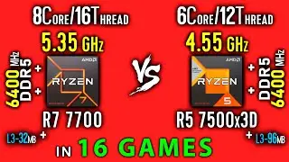 Ryzen 7 7700 vs Ryzen 5 7500X3D Test in 16 Games | R7 7700 vs 5 7500X3D  Thermal Power Efficiency