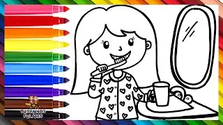 Desenhar E Colorir uma Menina Escovando os Dentes 👧🦷🪥🌈 Desenhos para Crianças