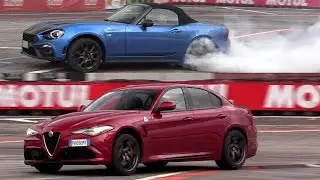 124 Abarth vs Alfa Romeo Giulia Quadrifoglio: acceleration, smoking tires, powerslides & sound
