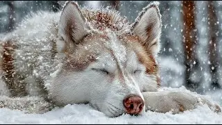 Sleeping Husky in Falling Snow (4K) | 9 Hours Winter Ambience (No Music)
