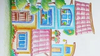 Simple cute house drawing with colored pencil 