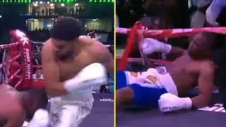 Anthony Joshua&rsquo;s 6ft 8in prospect drops opponent three times in blistering first-round KO