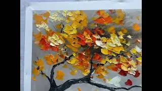 Textured 3D Yellow Tree Oil Painting, Large Orange Fall Leaves Wall Art, Vibrant Tree Wall D&eacute;cor