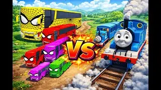 Big and small colorful Spider-Man buses versus Thomas the Tank Engine train |Part 1|