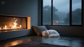 White Turkish Angora Cat Sleeping by Fireplace | 1 Hour Piano & Fire Ambience