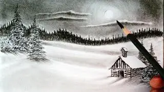 Night mode moon light winter landscape scenery drawing easy//