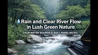 Rain and Clear River Flow in Lush Green Nature | Calm Water Sounds & Soft Piano Music