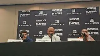 Syracuse HC Adrian Autry, G JJ Starling, G Naithan George, PC after 71.60 loss to Kansas