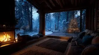 Relaxing Cabin Ambience with Fireplace Crackling & Snowy Forest Night