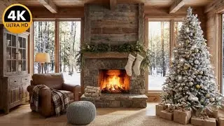 Cozy rustic room with a Christmas tree🎄a warm fireplace, and a wide window with snow outside 🔥❄️